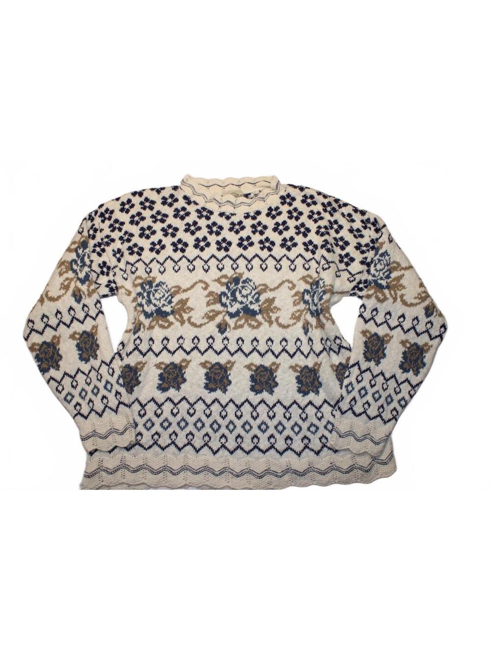 Vintage Denim Republic Floral Fair Isle Knit Sweater Cottagecore Rose Cream M